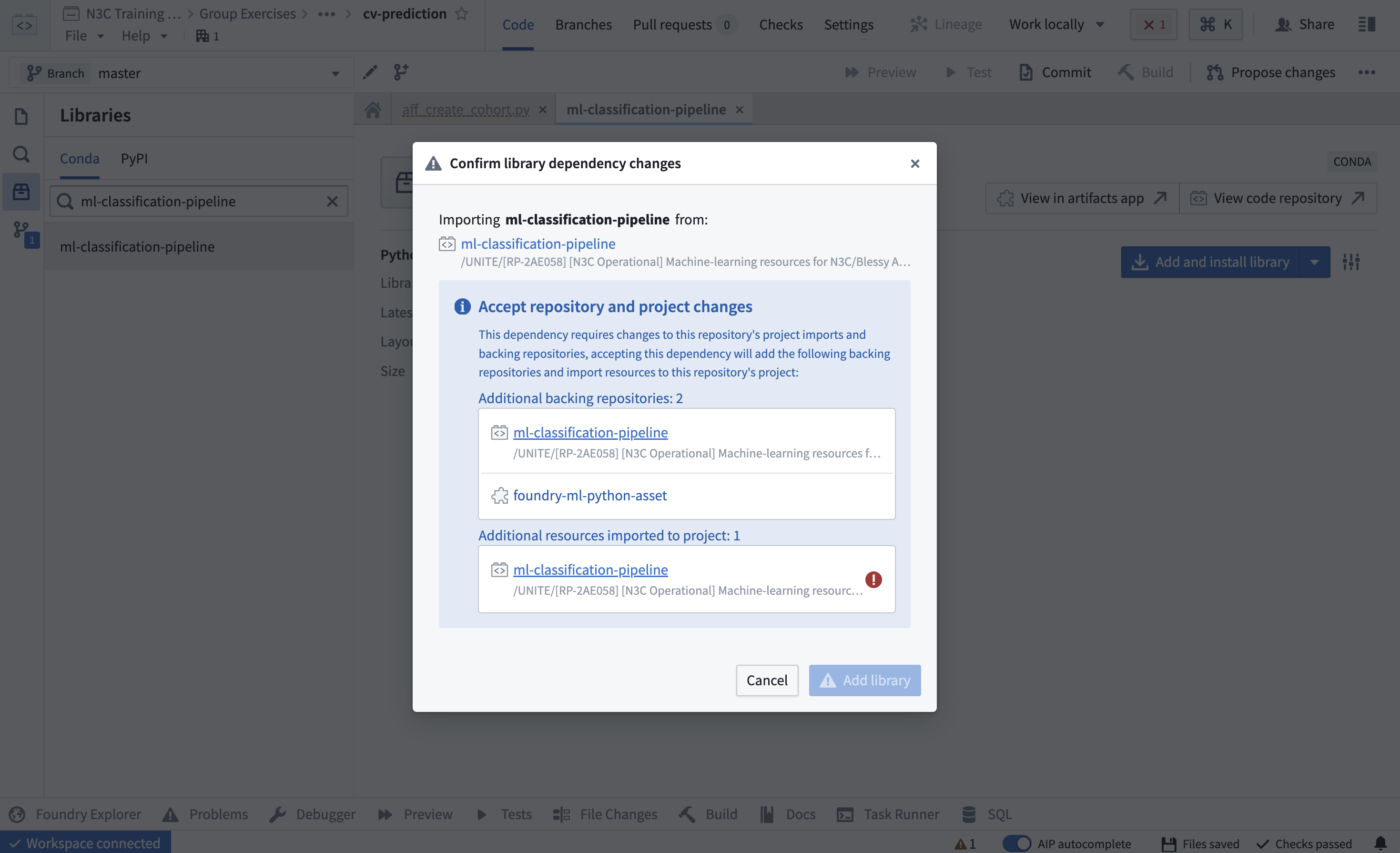 Access error while adding custom-created libraries in code repositories.